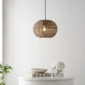 Isla 14" Farmhouse Coastal Rattan 180" Cord Plug-In or Hardwired LED Pendant - JONATHAN Y